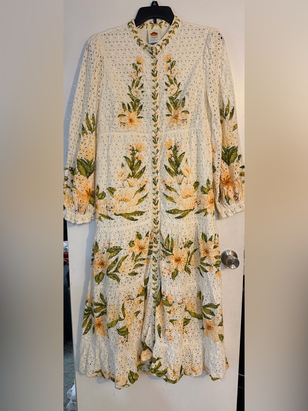 Farm Rio Cream Eyelet Midi Dress with Yellow Floral Print